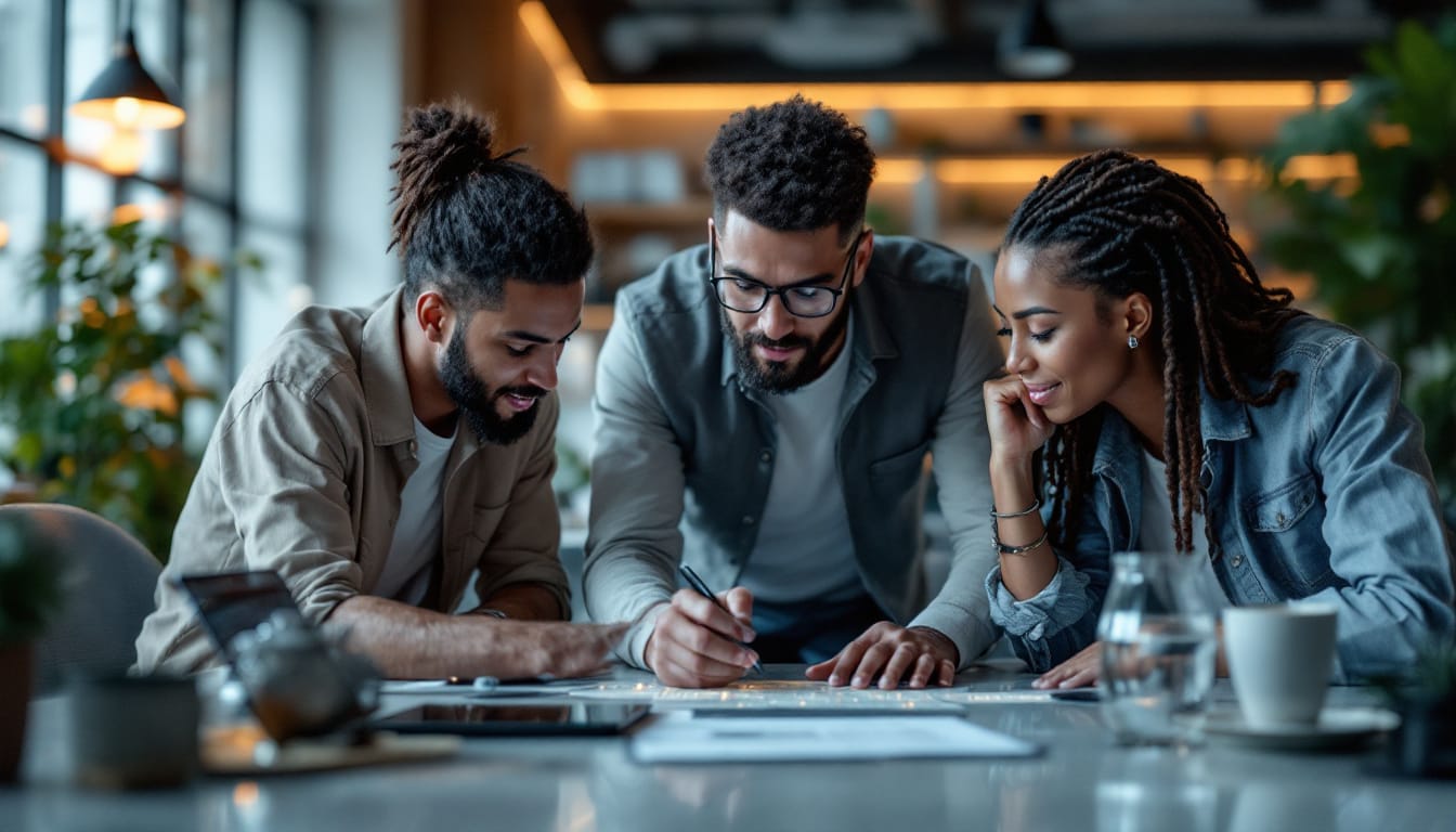 A photograph of a diverse team of professionals collaborating around a digital interface