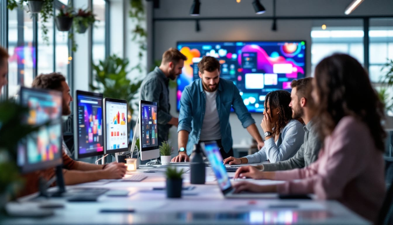 A photograph of a dynamic team of web designers collaborating in a modern office space
