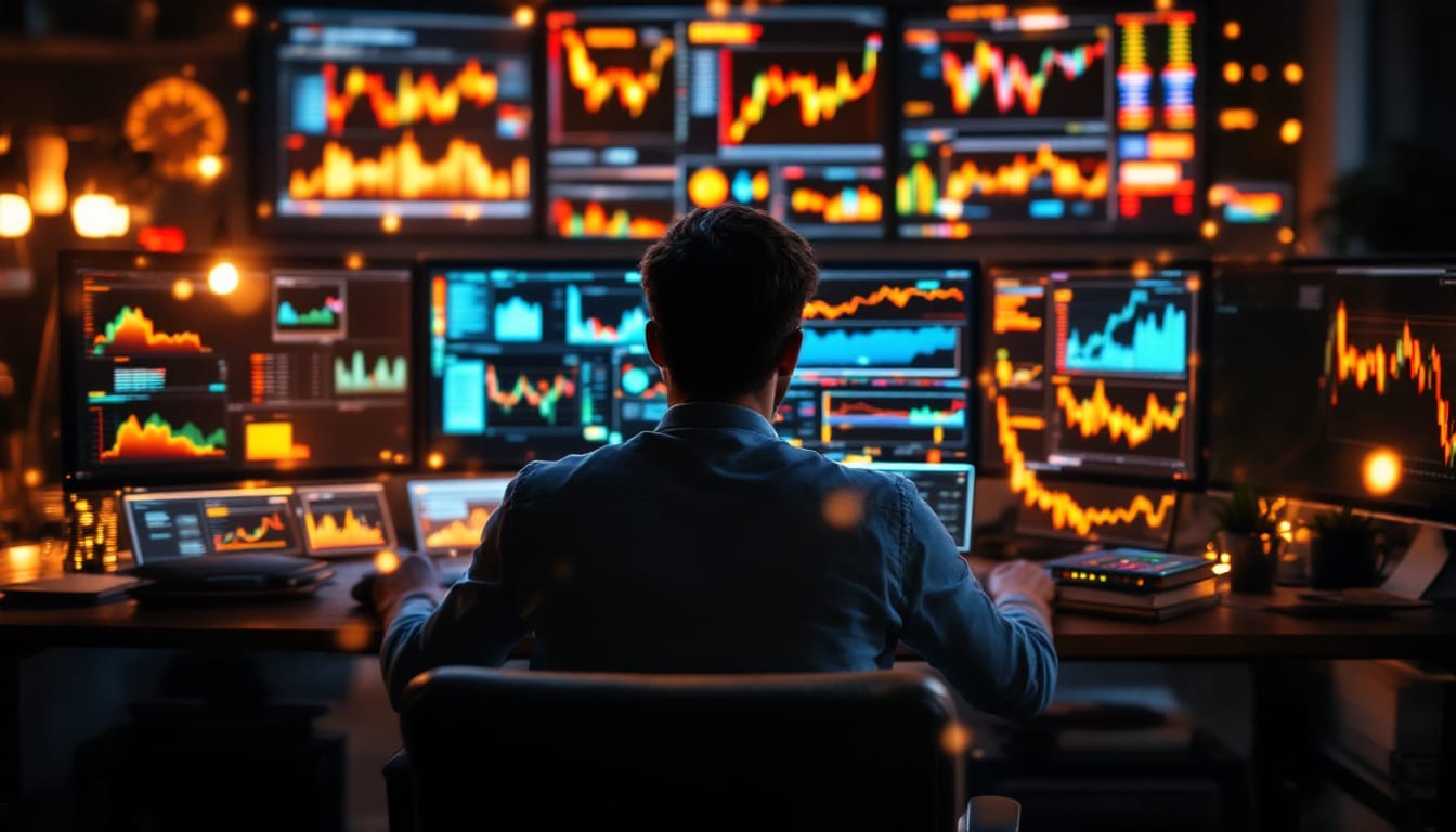 A photograph of a modern trader analyzing real-time stock data on multiple screens