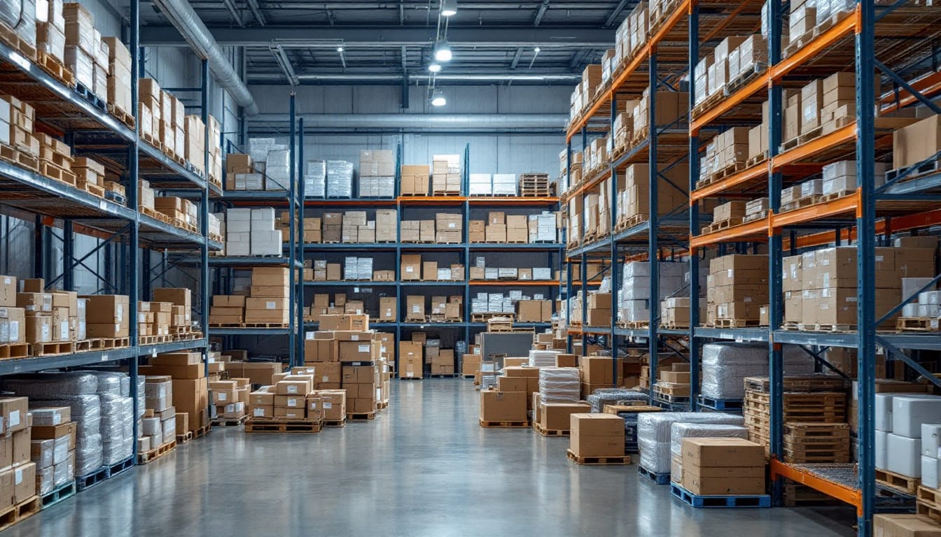 A photograph of a well-organized warehouse or storage space filled with neatly arranged products