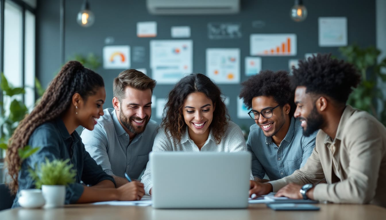A photograph of a diverse team of professionals collaborating around a laptop