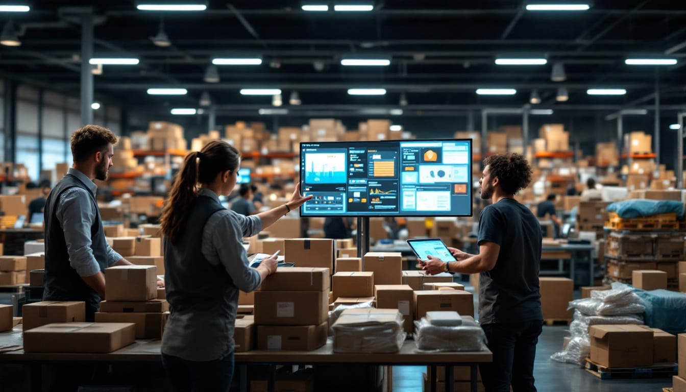 A photograph of a bustling e-commerce warehouse scene