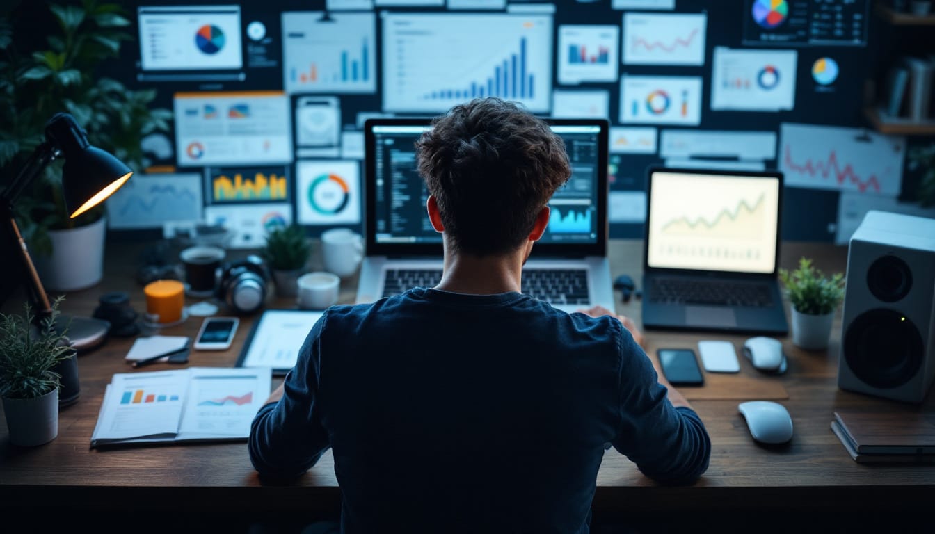 A photograph of a focused individual working on a laptop surrounded by analytics charts and graphs