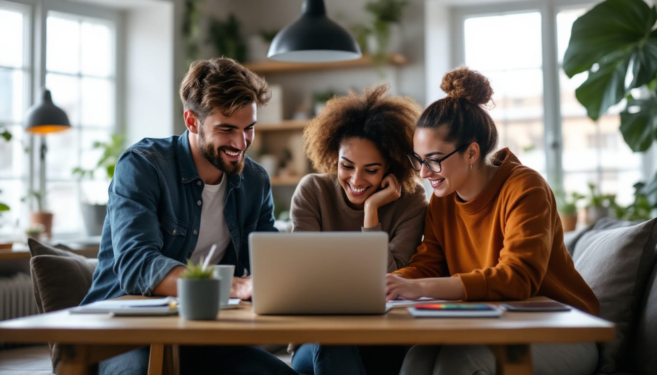 A photograph of a diverse group of professionals collaborating around a laptop in a cozy workspace