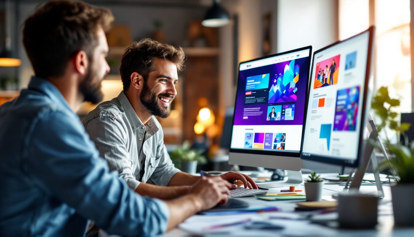 A photograph of a modern workspace featuring a designer collaborating with a client