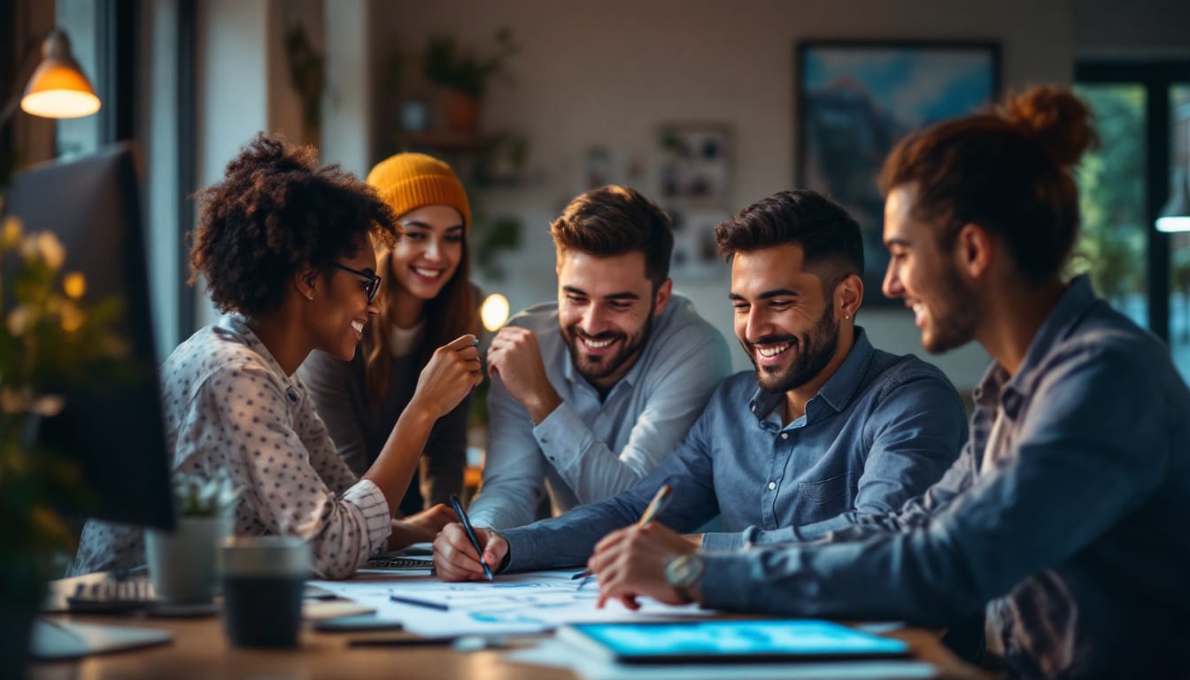 A photograph of a diverse team of professionals collaborating around a computer